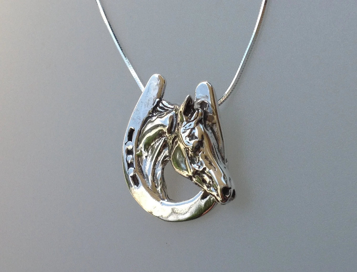 Horseshoe and horse head pendant and chain Sterling Silver Necklace