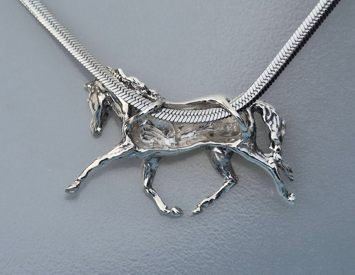 Equestrian Jewelry Extra Large Trotting Horse Sculptural Sterling Silver pendant and Stainless Steel chain REALISTICALLY DESIGNED HORSE THEMED JEWELRY (Copy)