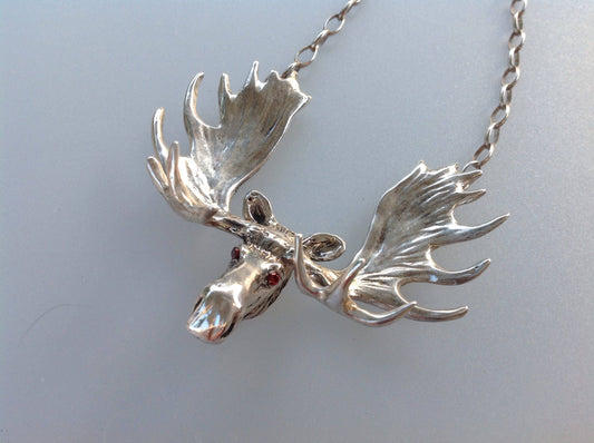 Moose jewelry Sterling Silver pendant, necklace Your Choice of stone set eyes. Very large statement piece!