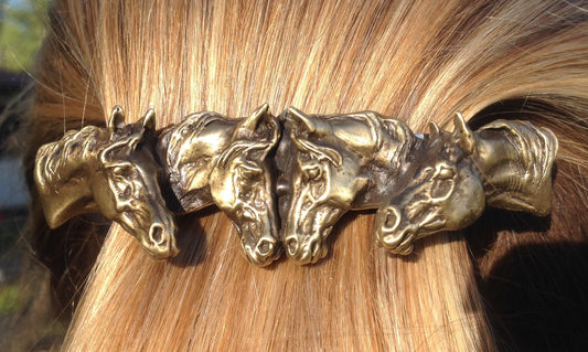 Horse Jewelry Four Horses barrette NEW antique brass finish!  Lead free pewter hair or scarf clip