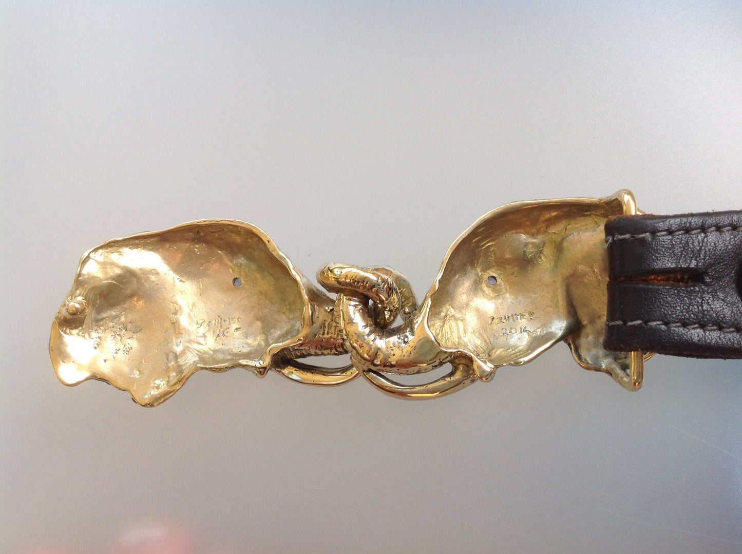 Articulating Elephants belt buckle Sculpture jewelry in bronze NO STONES in eyes.  Zimmer jewelry