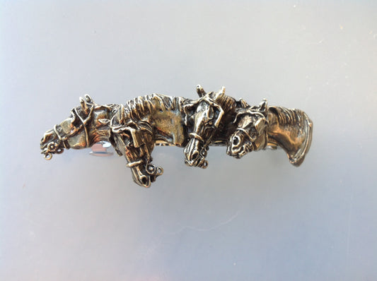Four in hand DRIVING Horses in harness  barrette lead free pewter Brass Plated hair clip Equestrian Jewelry