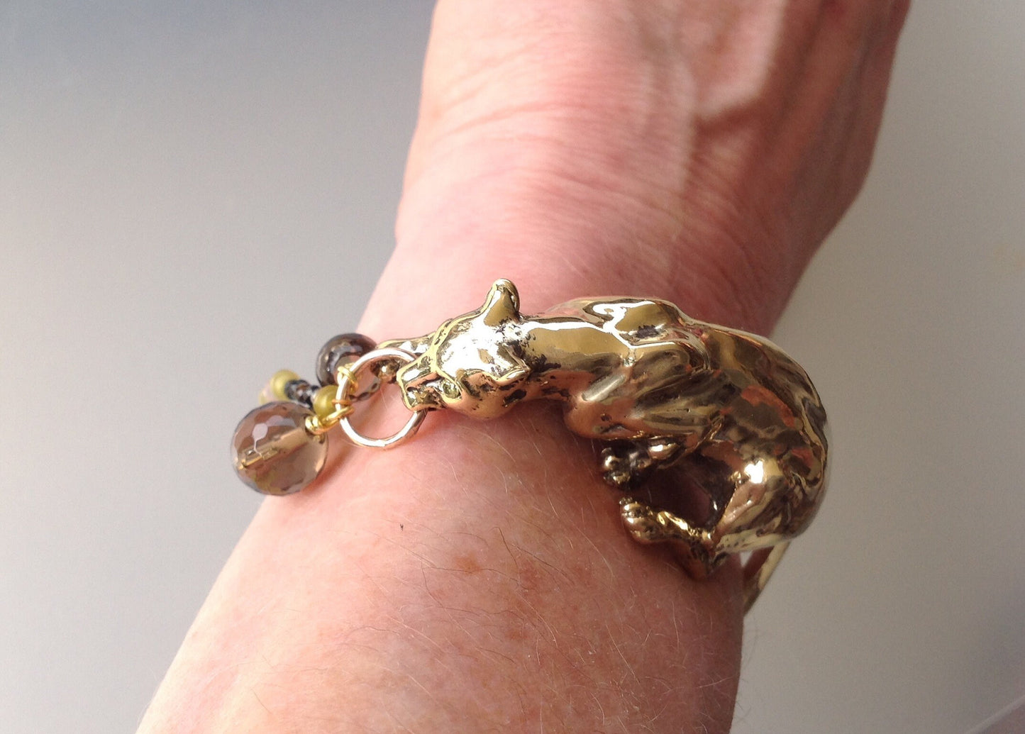 Bronze crouching  Cougar Jaguar Leopard Cat stone eyes Tourmaline gemstone beads sculpture bracelet artist original.