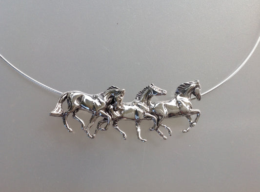 Sterling Silver Running Horses necklace Omega chain.  Signed Original. Zimmer equestrian jewelry
