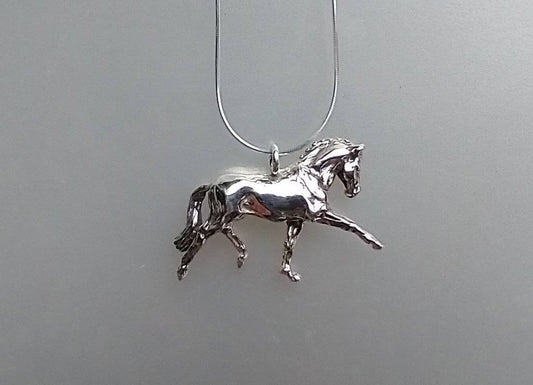 Horse Jewelry dressage extended trot sterling silver. Large pendant and chain Zimmer  Best Prices on Silver Horses
