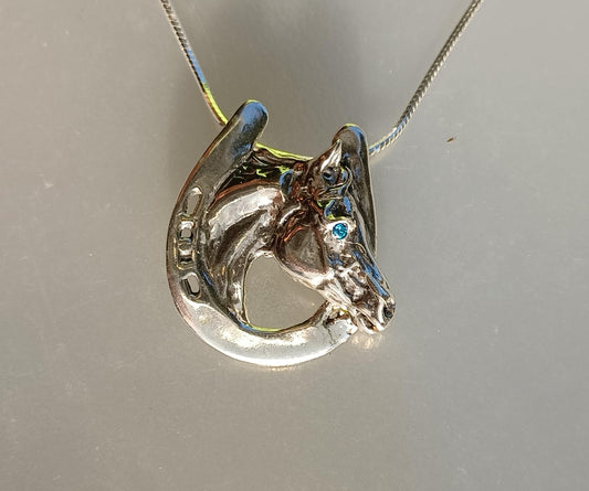 Horse in horseshoe  pendant with stone eye & chain  sterling silver  Forge Hill Sculpture jewelry