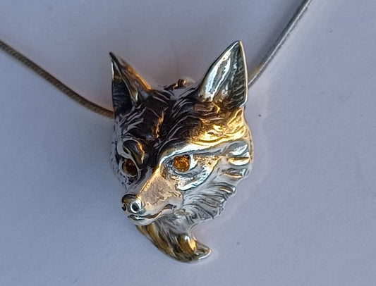 Fox mask sterling silver Pendant and chain Citrine stone eyes  Zimmer