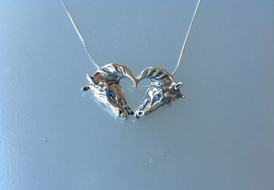 Horses heads heart pendant sterling silver with stone eyes necklace gift for horse lover jewelry Zimmer