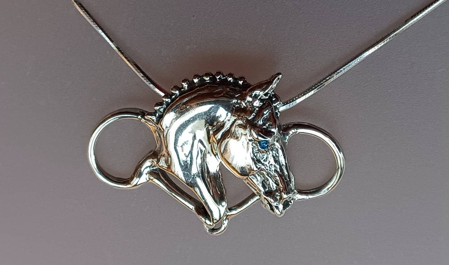 Dressage horse and snaffle  pendant STONE set eye, sterling silver and chain equestrian  jewelry Zimmer