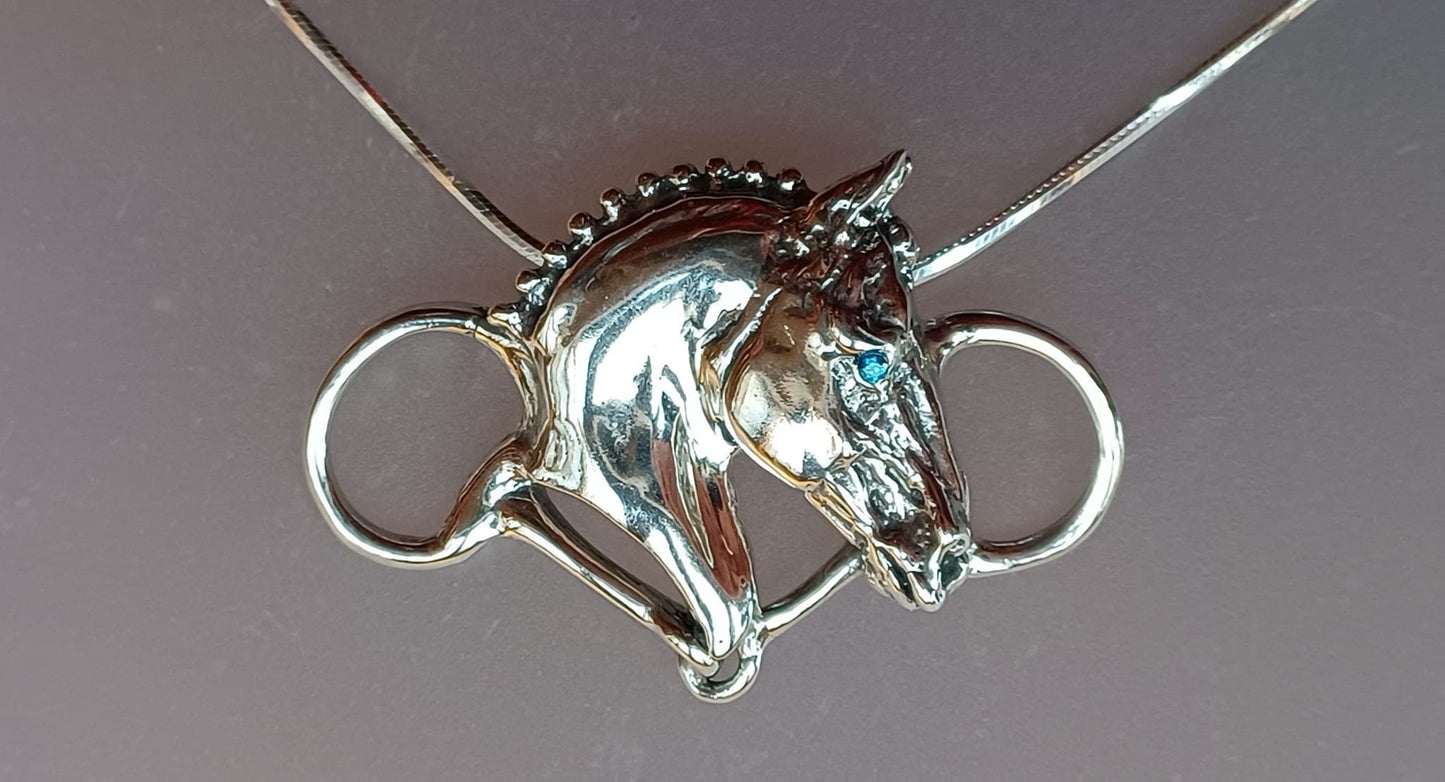 Dressage horse and snaffle  pendant STONE set eye, sterling silver and chain equestrian  jewelry Zimmer